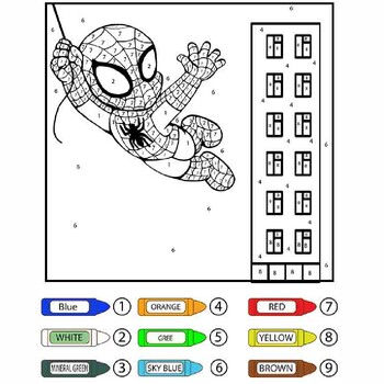 Spiderman color by number adding subtracting integers