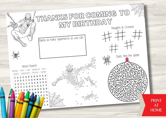 Spiderman birthday party placemat kids activity coloring sheet spiderman party favors superhero coloring page printable activities for kid