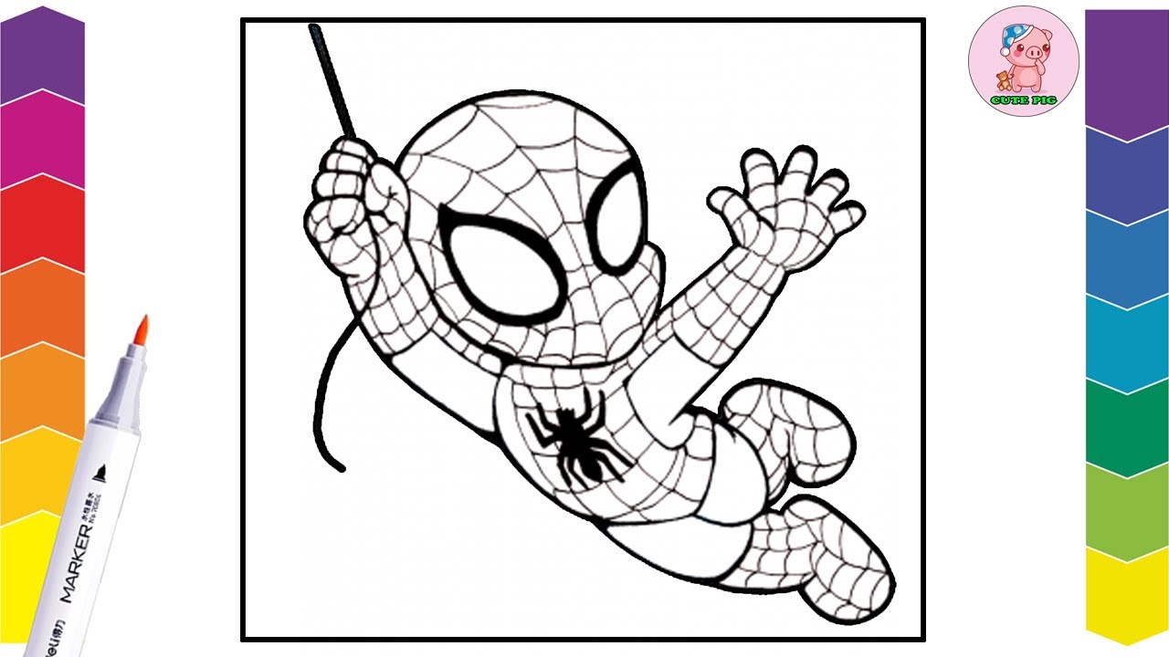 Swinging chibi spiderman coloring pages superheroes coloring for kids