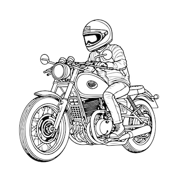 Premium vector sketch hand drawn single line art coloring page man use motorcycle