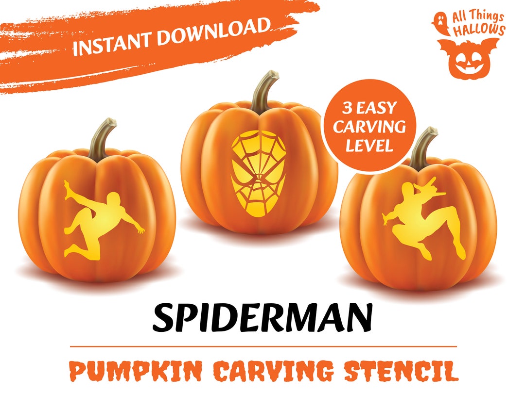 Spiderman pumpkin carving stencil printable at home pdf instant dowload easy carving level instant download