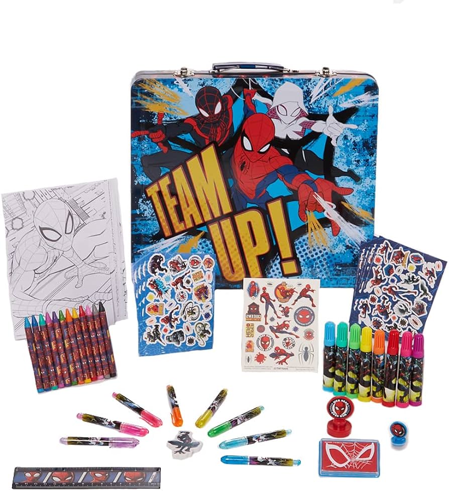 Innovative designs marvel spiderman deluxe activity set with carrying tin coloring sheets tattoos stickers art supplies toys games