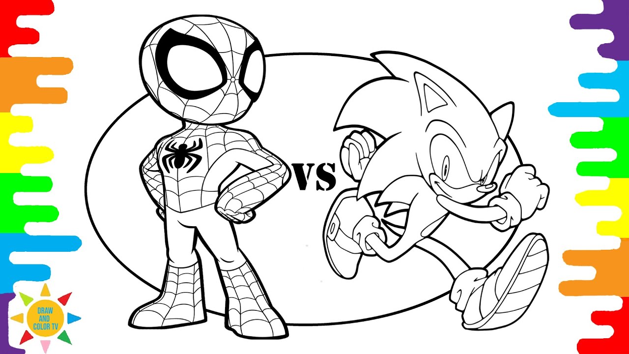 Spidey vs sonic coloring page great battle of heroes drawandcolortv