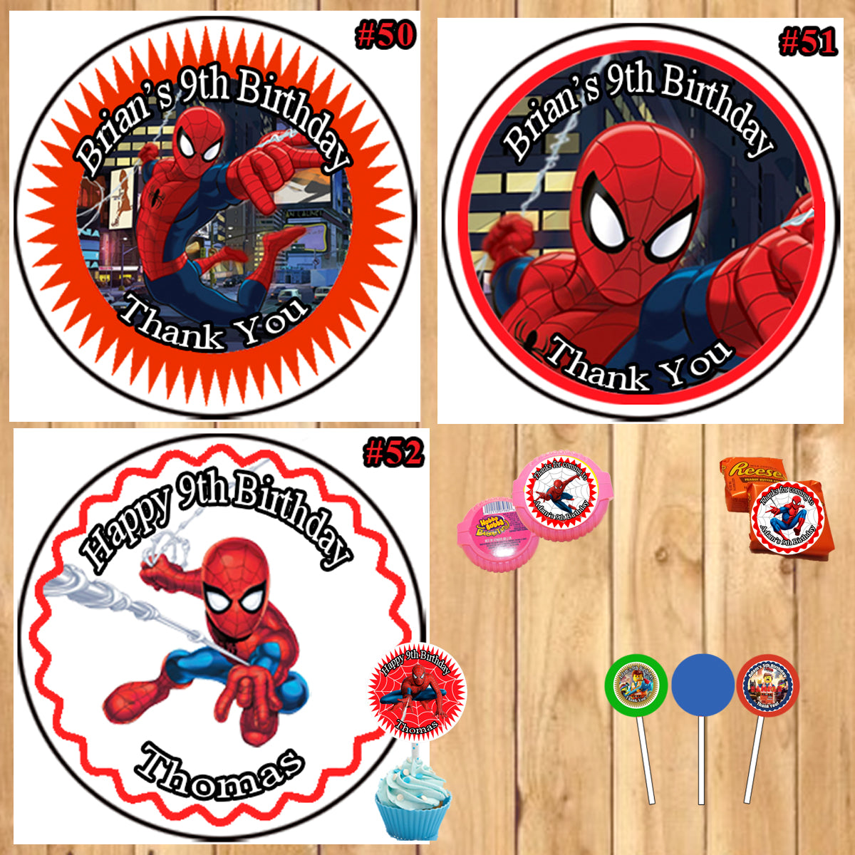 Spiderman birthday round stickers printed sheet cup cake toppers fav â virginia design shop