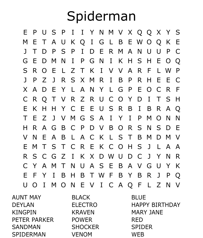 Spiderman word search