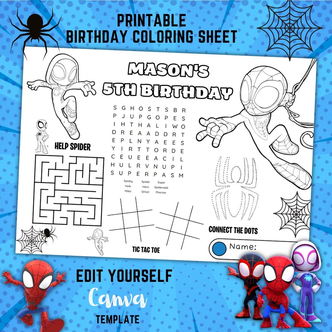 Spidey activity coloring page spidey birthday party favors spidey party supplies spidey coloring page personalized coloring page download now