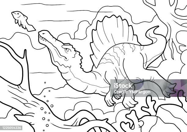 Dinosaur spinosaurus hunts underwater coloring book funny illustration stock illustration