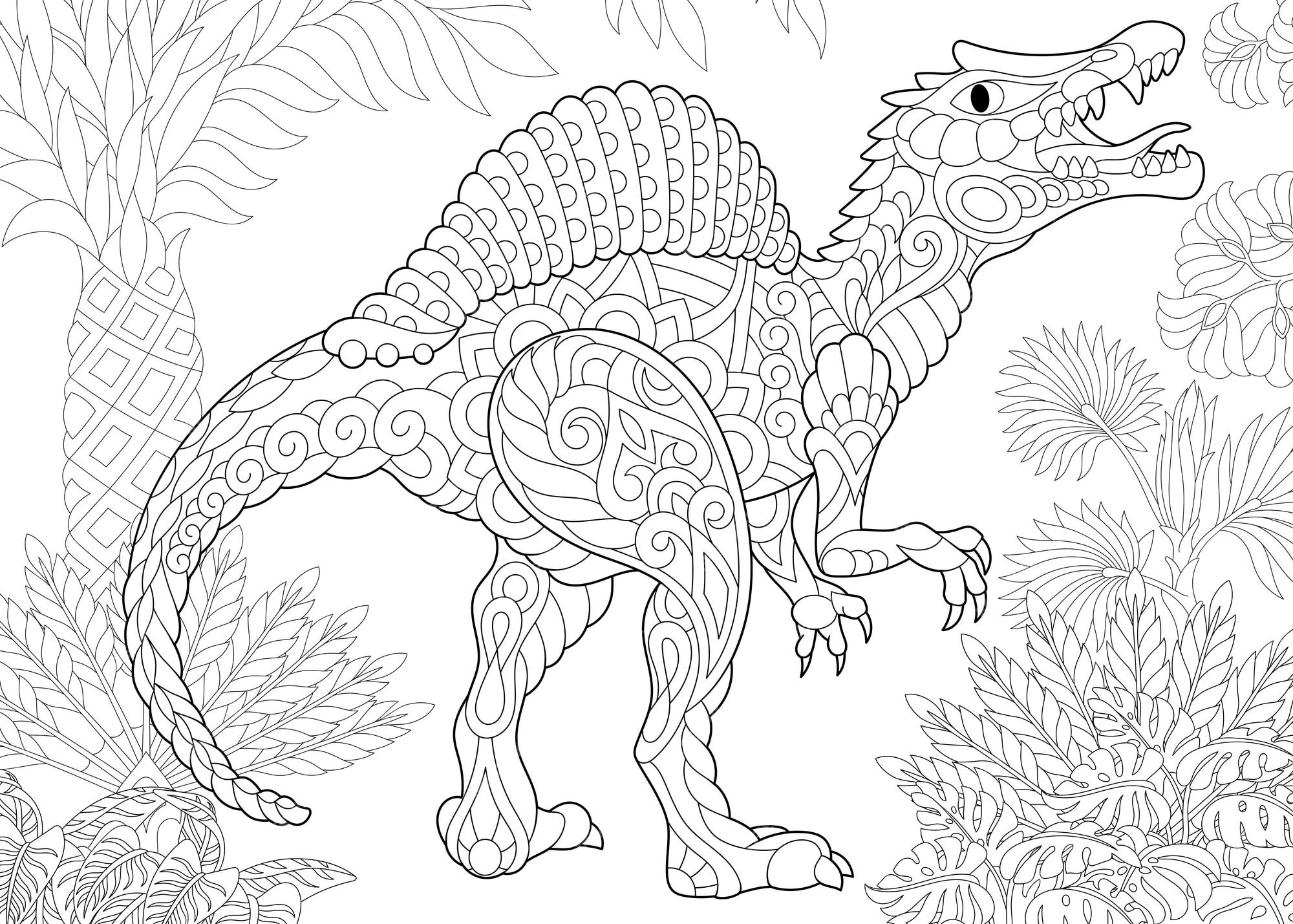 Premium vector spinosaurus zentangle colouring illustration line art design for adult coloring book page