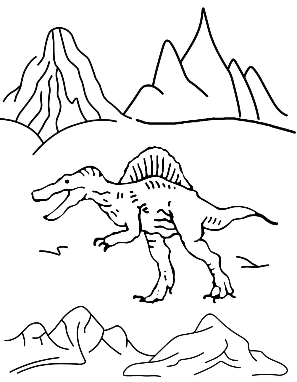 Spinosaurus and mountains coloring page