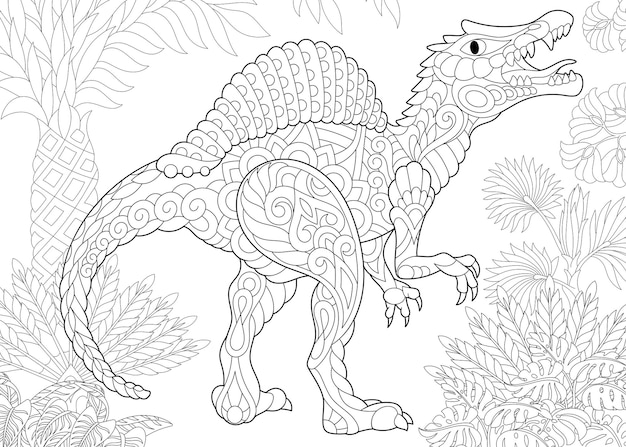 Premium vector spinosaurus zentangle colouring illustration line art design for adult coloring book page