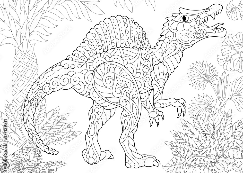 Coloring page of spinosaurus dinosaur of the middle cretaceous period freehand sketch drawing for adult antistress coloring book in zentangle style vector