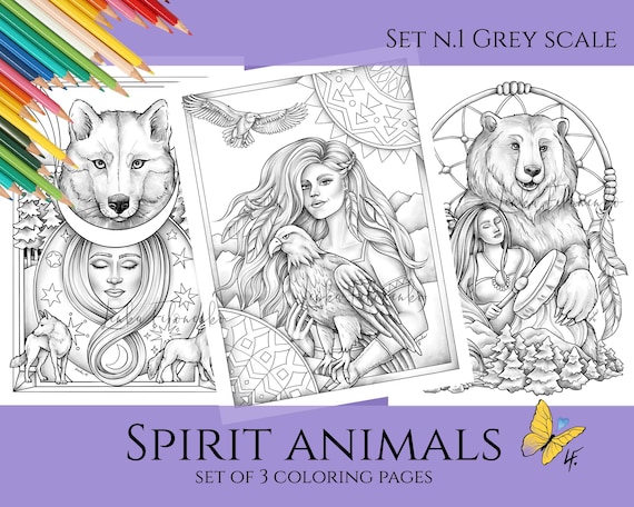 Set of grey scale coloring pages wolf bear eagle pdf download and print