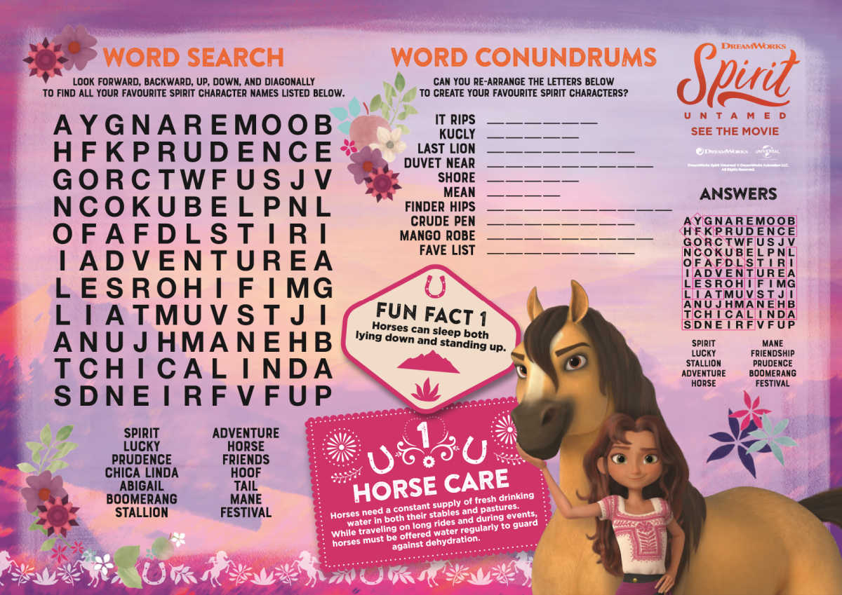 Free printable spirit untamed word search