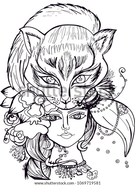 Page coloring book girl spiritual animal stock illustration