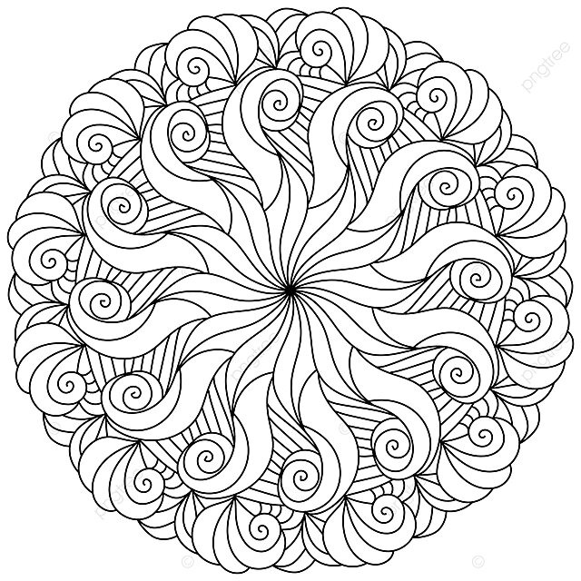 Ornate meditative coloring page curling and wavy fantasy mandala vector spiritual colouring element png and vector with transparent background for free download