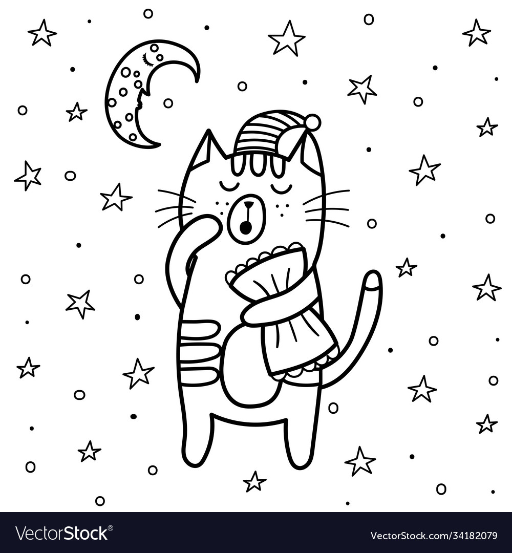 Sleeping cat coloring page good night royalty free vector