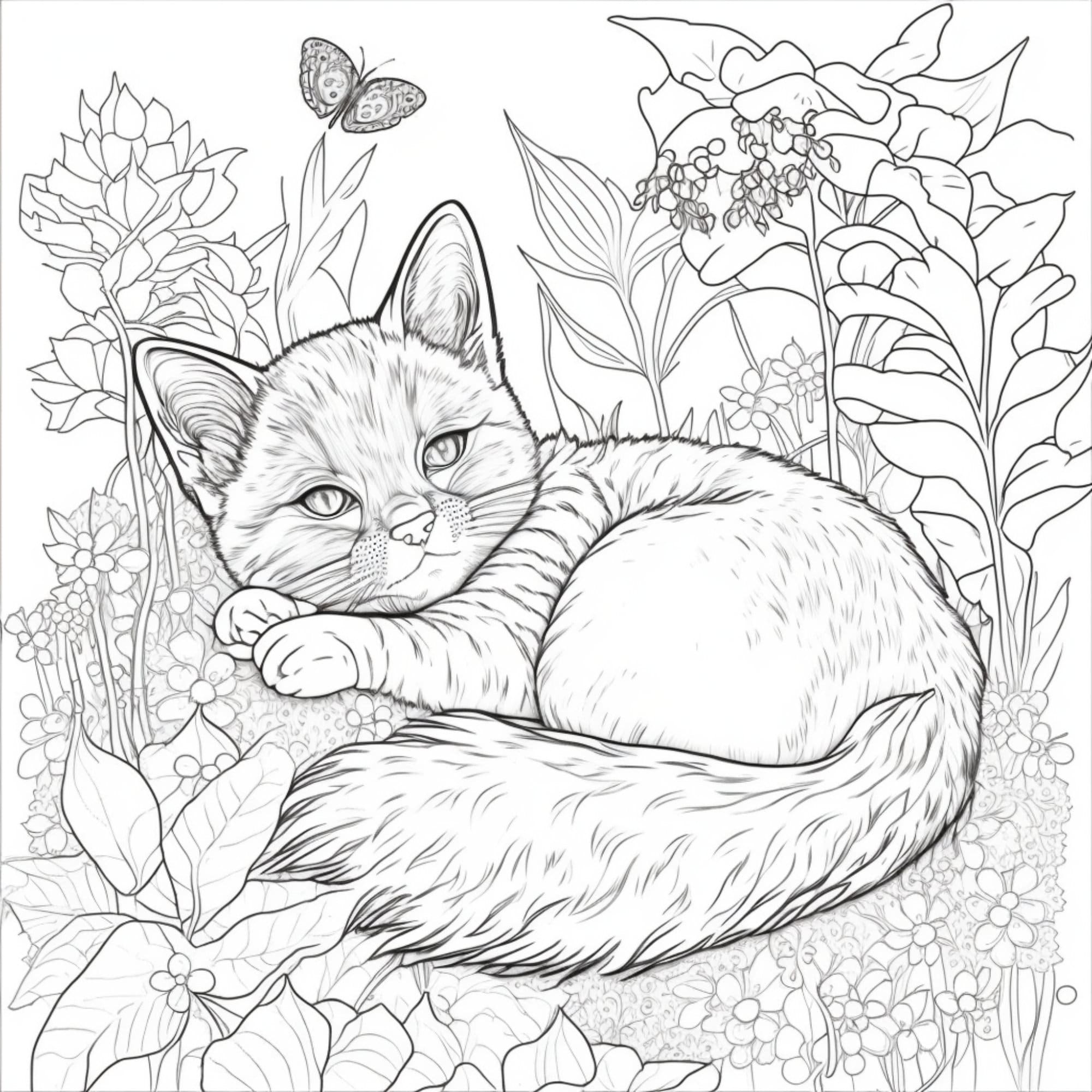 Printable sleeping kitten coloring pages for kids and adults digital download pdf