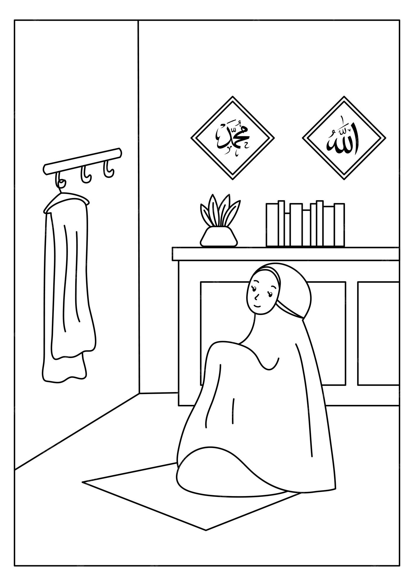 Premium vector muslim kids coloring page for ramadan activity vector concept
