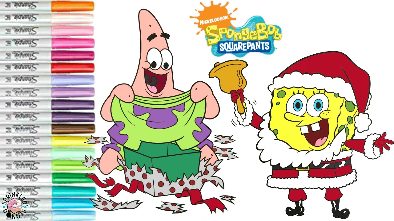 Spongebob squarepants coloring book page christmas santa and patrick star presents