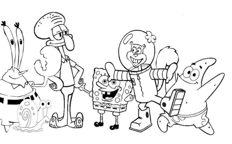 Happy sandy cheeks with friends coloring page