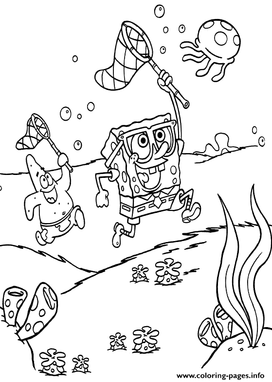 Coloring pages for kids spongebob and patrick hunting jellyfishea coloring page printable