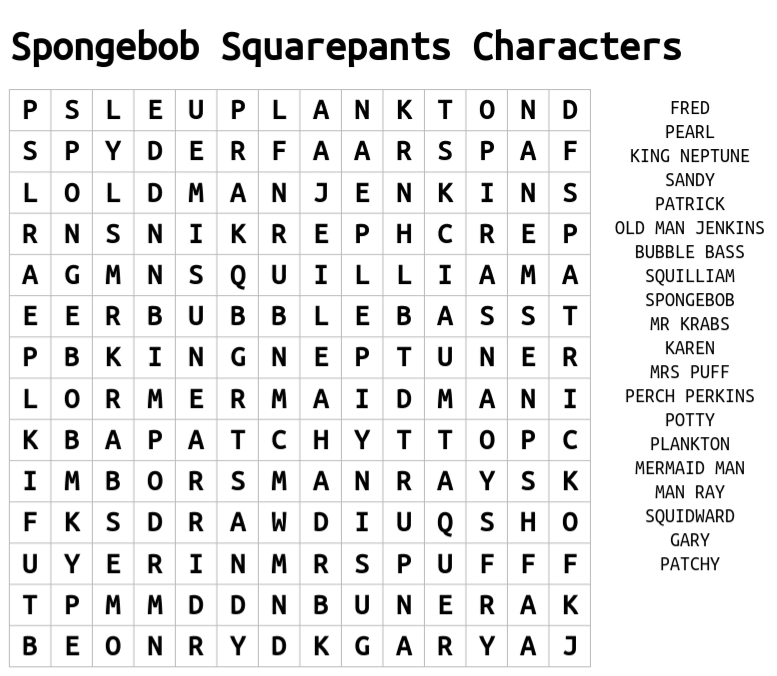 Wordsearch spongebob characters quiz