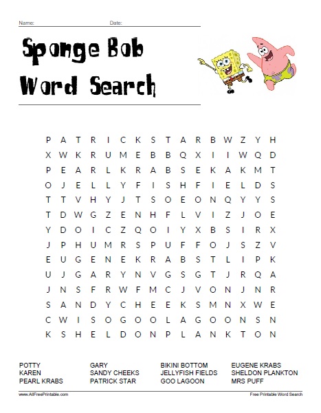 Spongebob word search â free printable
