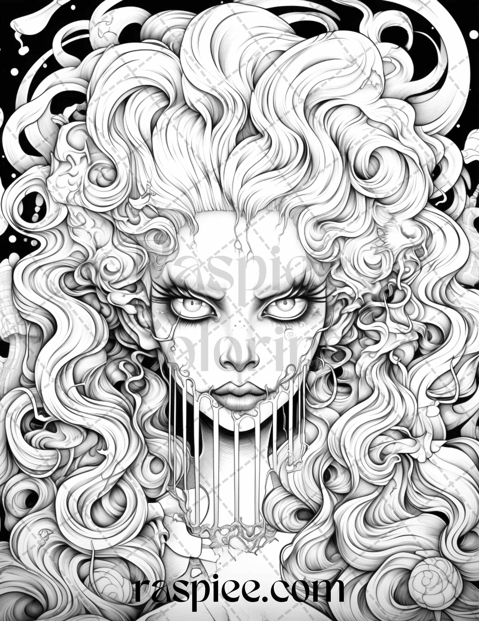 Spooky miss nightmare grayscale coloring pages printable for adults â coloring