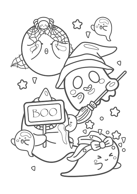 Premium vector cute spooky funny ghost halloween cartoon coloring pages for kids and adult activity
