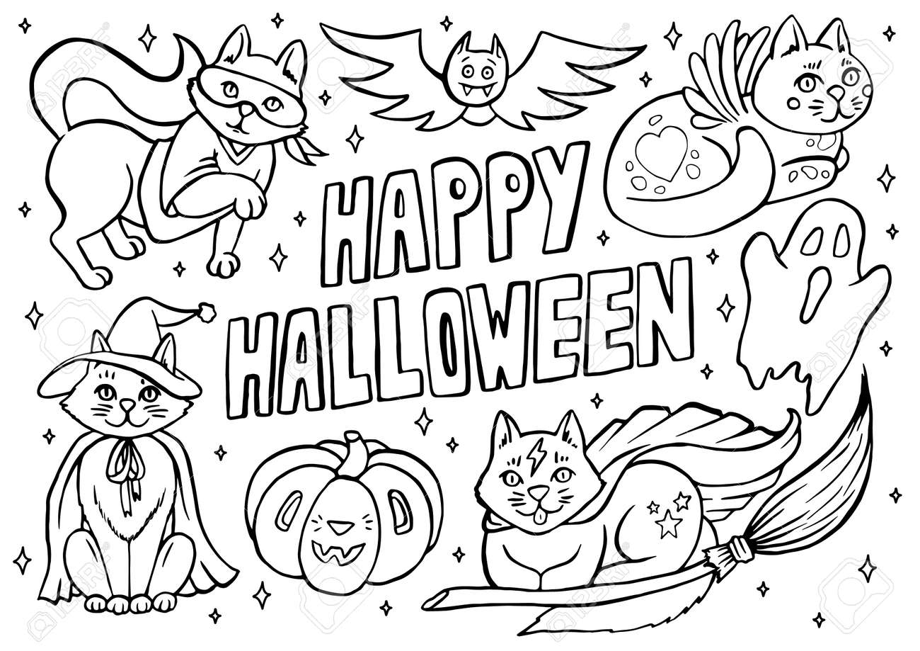 Happy halloween coloring page with cats in costumes and spooky objects hand drawn cute halloween coloring sheet royalty free svg cliparts vectors and stock illustration image