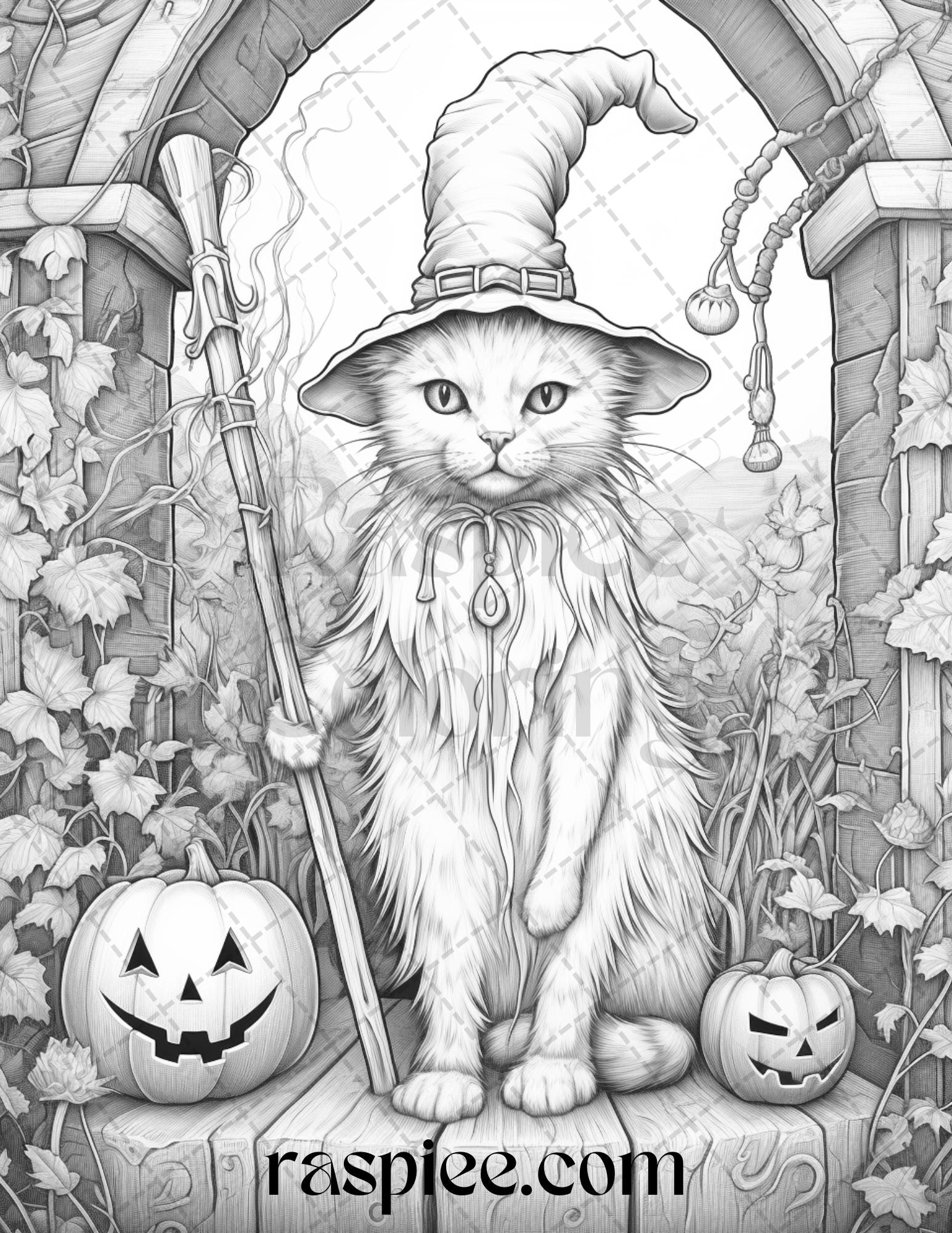 Halloween witch cat grayscale coloring pages printable for adults â coloring