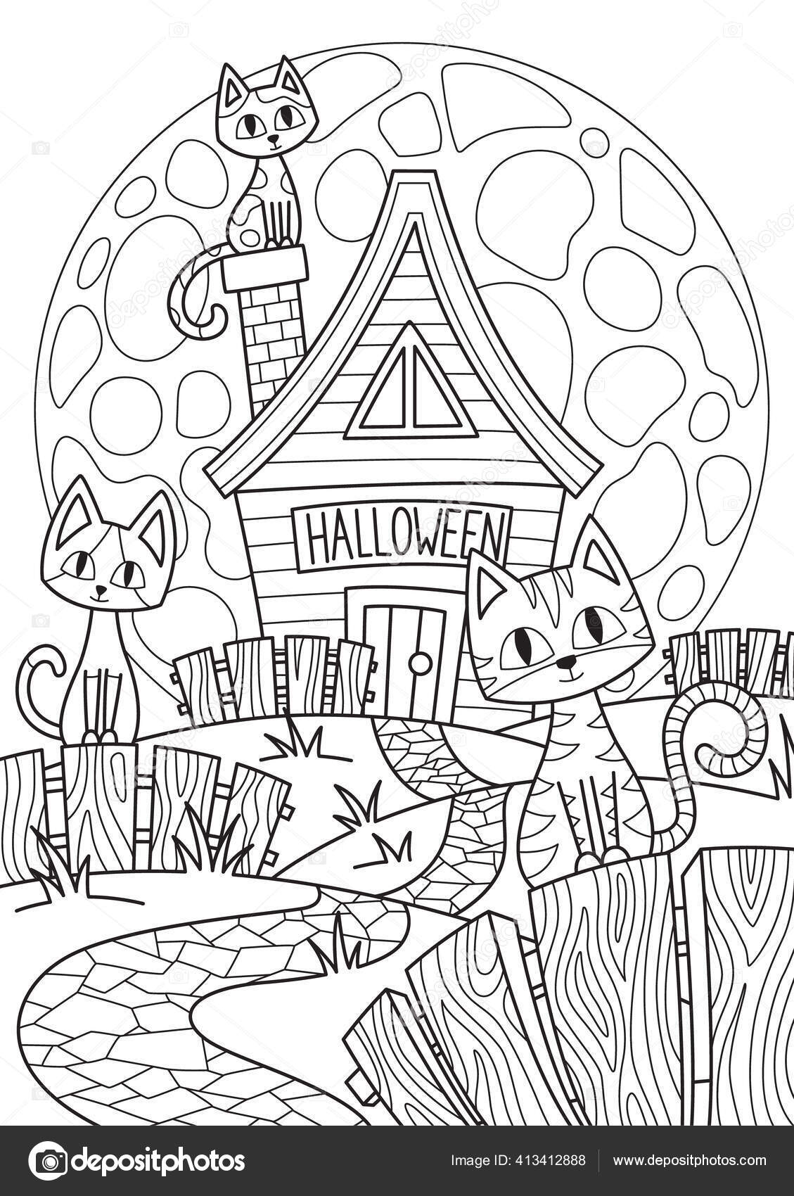 Doodle halloween coloring book page spooky house and cats on full moon antistress for adults and children in zentangle style black and white contour illustration stock vector by silverkitten
