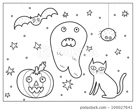Halloween coloring page with a ghost cat and