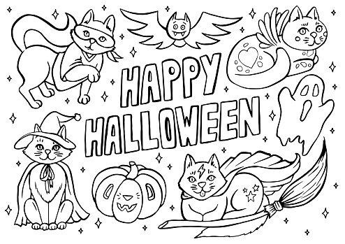 Happy halloween coloring page with cats in costumes and spooky objects hand drawn cute halloween coloring sheet stock illustration