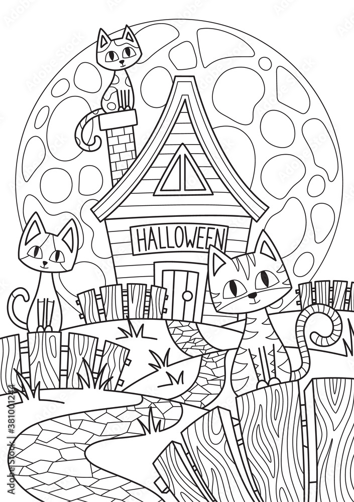 Doodle halloween coloring book page spooky house and cats on full moon antistress for adults and children in zentangle style black and white contour illustration vector