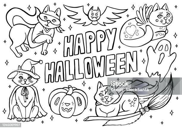 Happy halloween coloring page with cats in costumes and spooky objects hand drawn cute halloween coloring sheet stock illustration