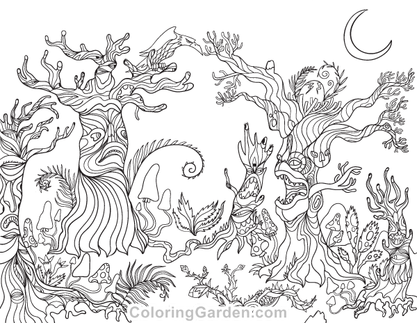 Spooky forest adult coloring page
