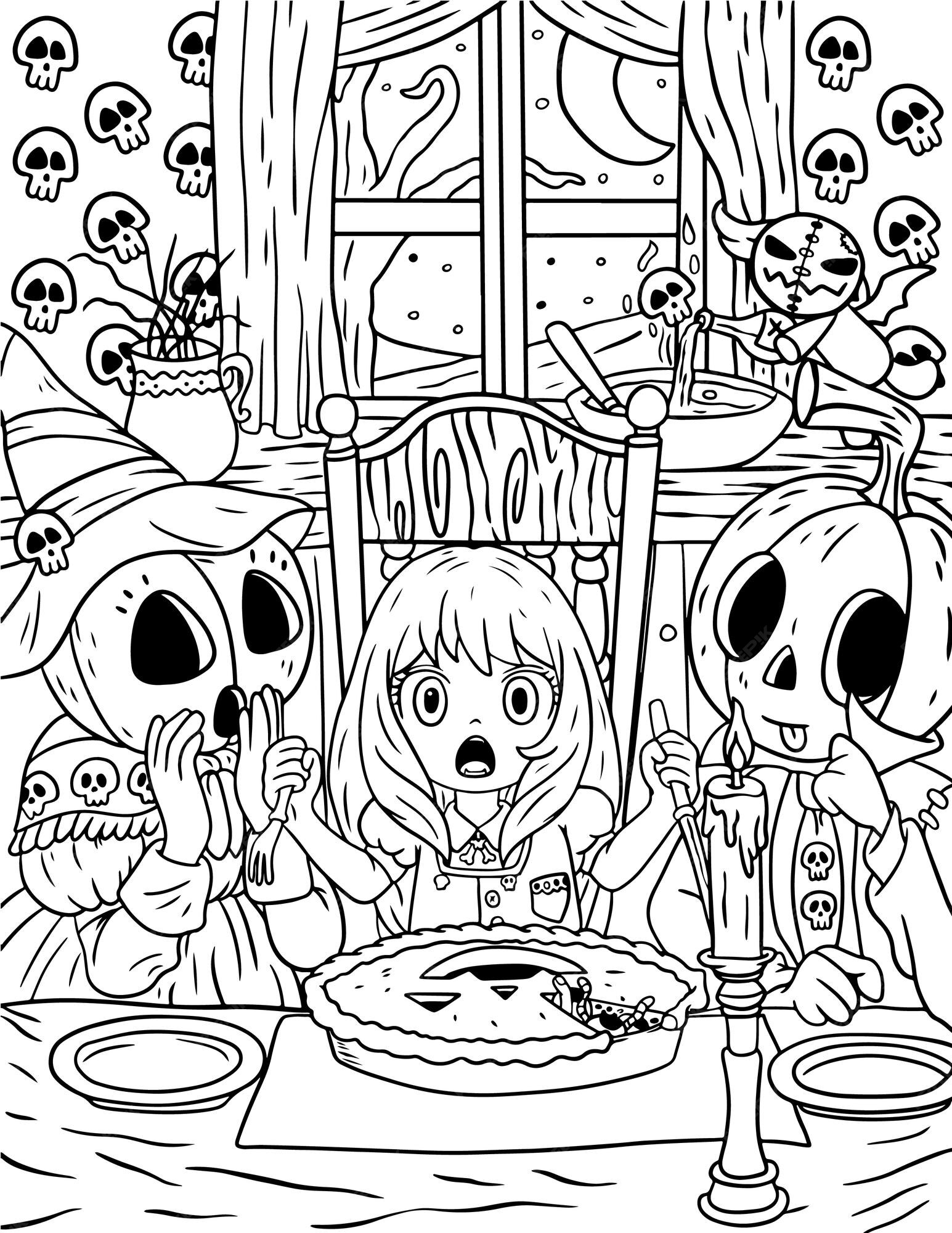 Premium vector hand drawn pastel goth coloring page creepy spooky kawaii coloring pages