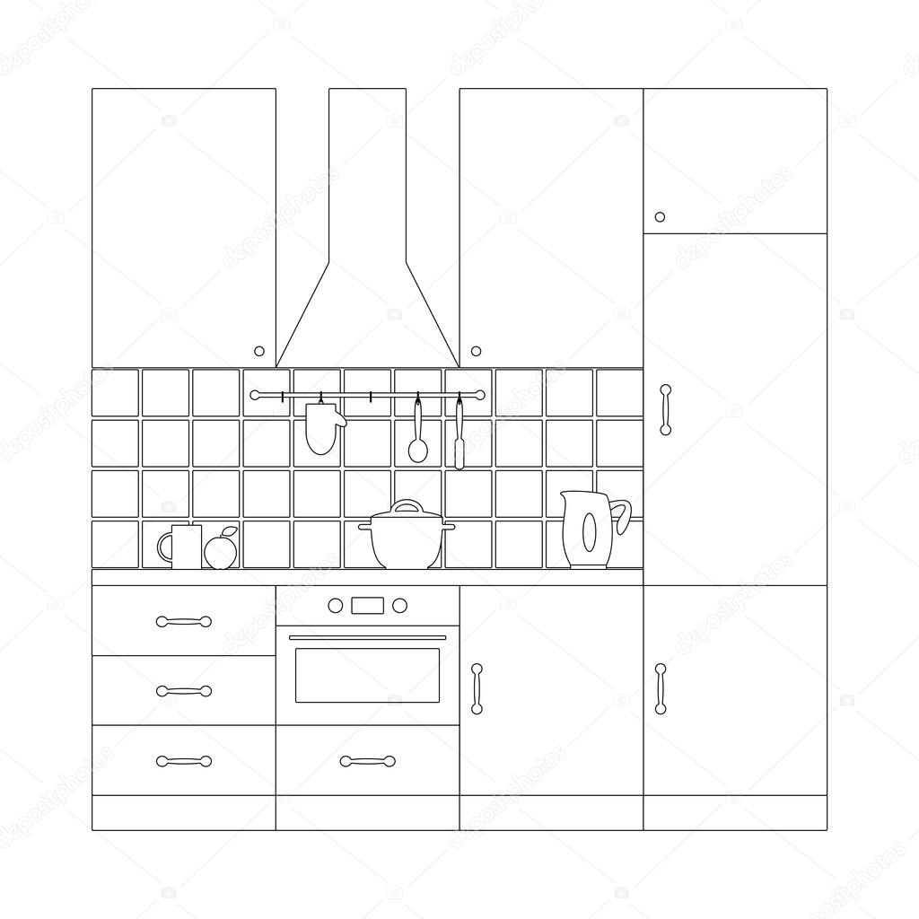 Kitchen set coloring page template stock vector by mborgali