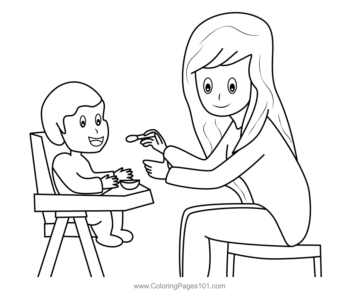 Mom feeding baby with spoon coloring page for kids