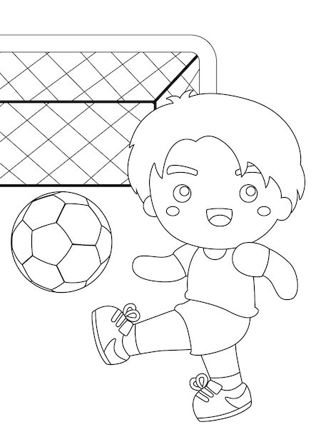 Premium vector happy kids playing soccer ball football outdoor sport activity coloring pages for kids and adult