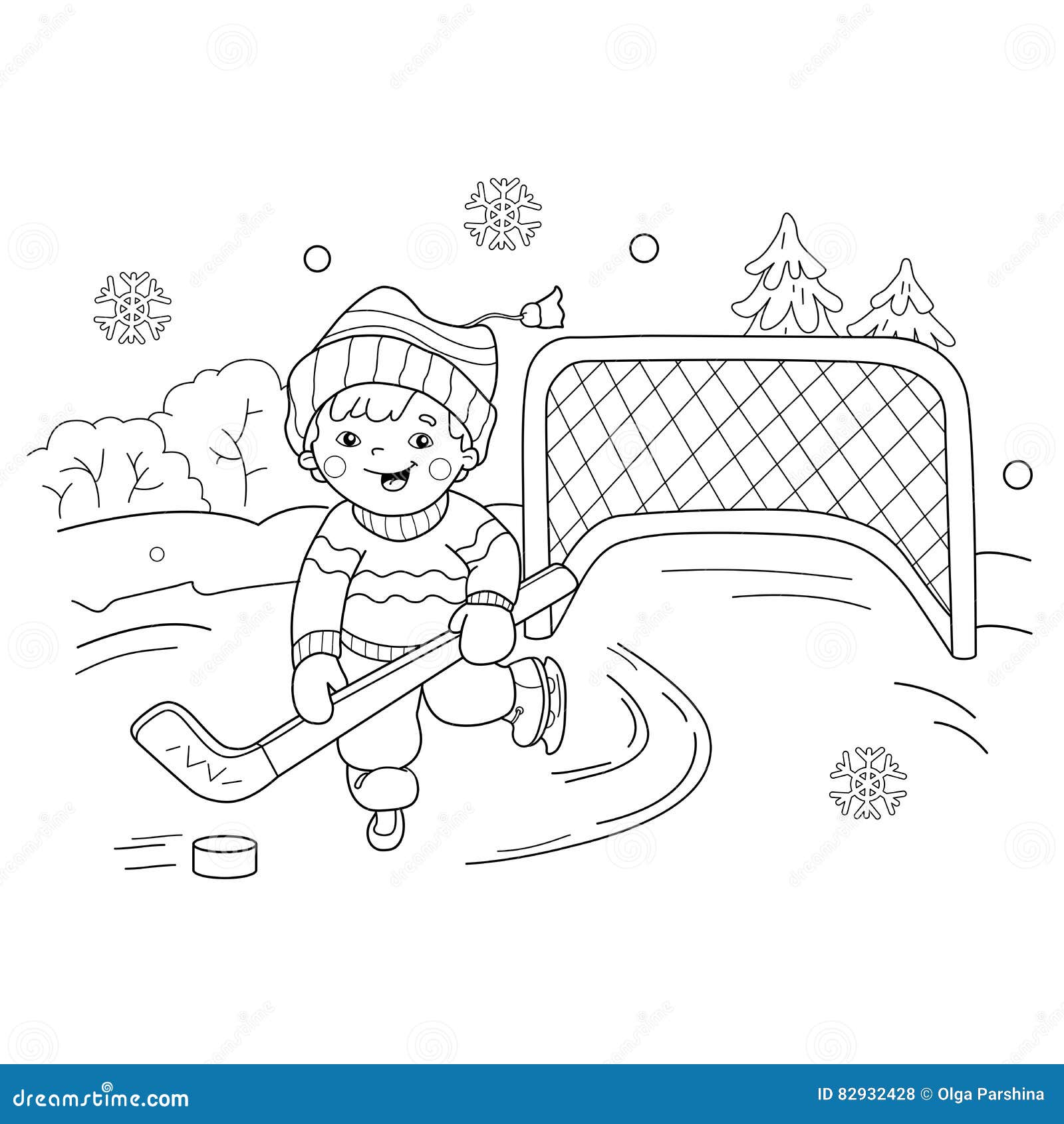 Coloring page outline of cartoon boy playing hockey stock vector