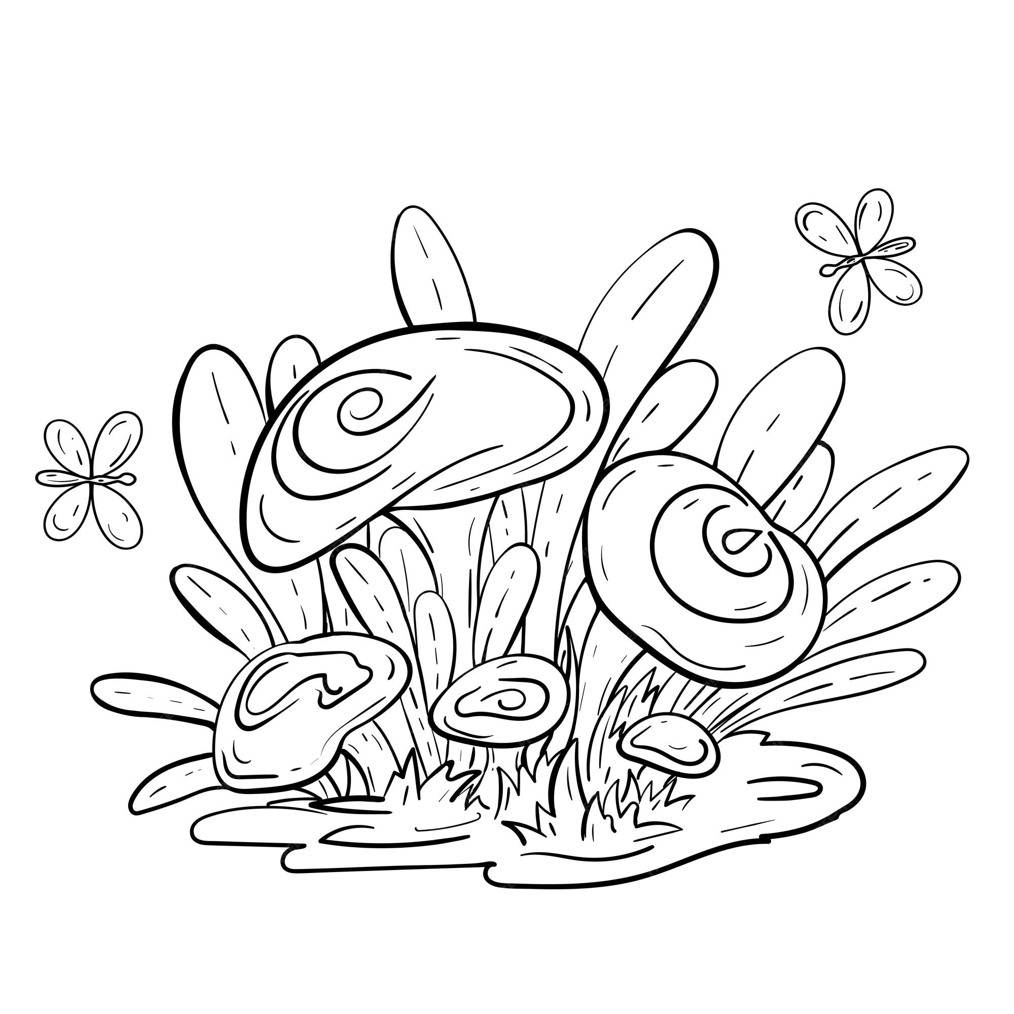 Premium vector coloring page mushrooms spot with butterflies