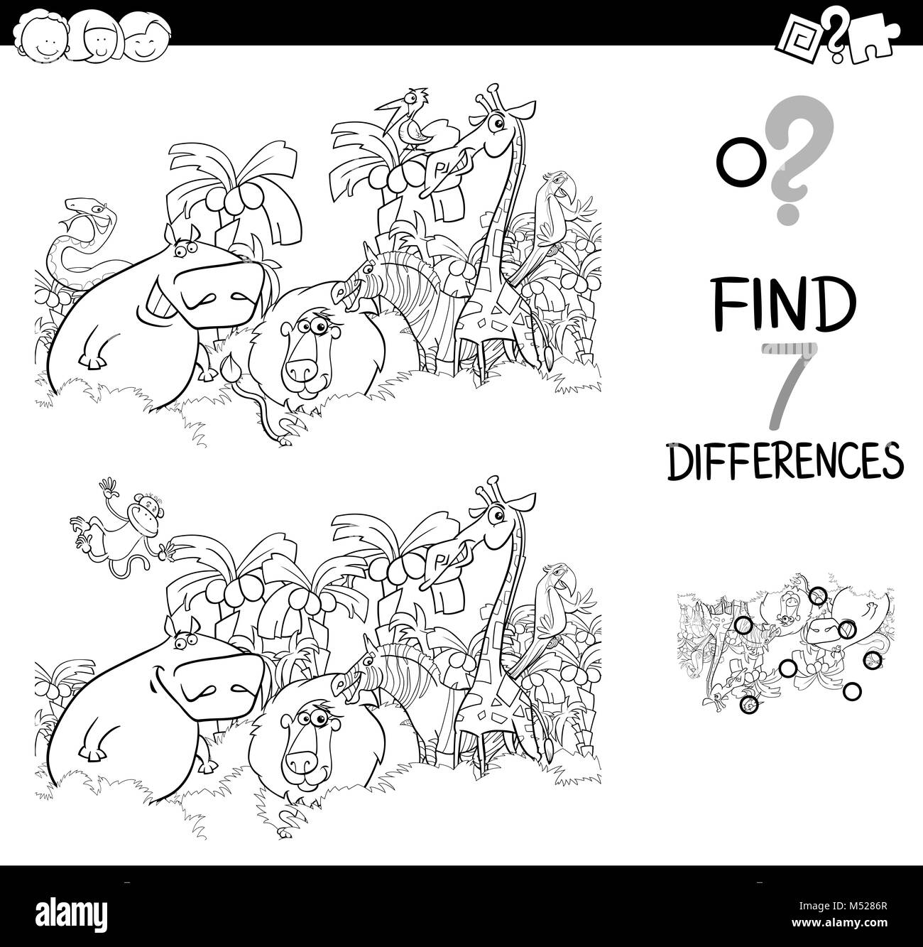 Spot the difference with animals coloring book stock photo