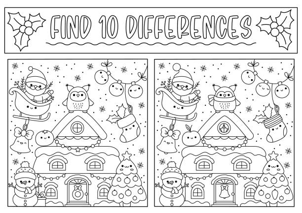Christmas black and white find differences game for children attention skills activity with cute santa claus house tree snowman new year line puzzle or coloring page for kids stock illustration