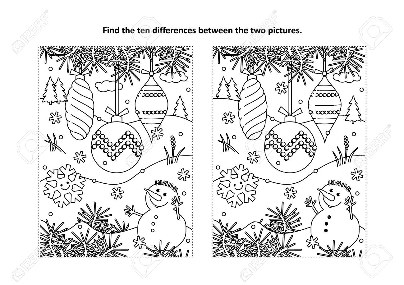 Winter holidays new year or christmas themed find the ten differences picture puzzle and coloring page with christmas tree ornaments and snowman royalty free svg cliparts vectors and stock illustration image
