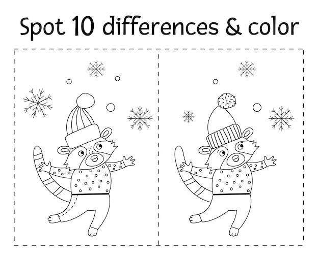 Premium vector christmas find differences game and color for children winter educational activity with funny raccoon and snowflakes printable worksheet for kids cute new year coloring page with animal in sweater