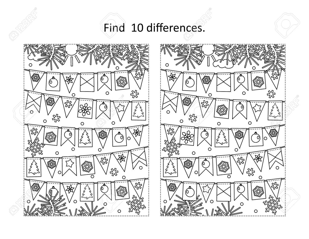 Find differences visual puzzle and coloring page with winter holidays new year or christmas bunting flags royalty free svg cliparts vectors and stock illustration image