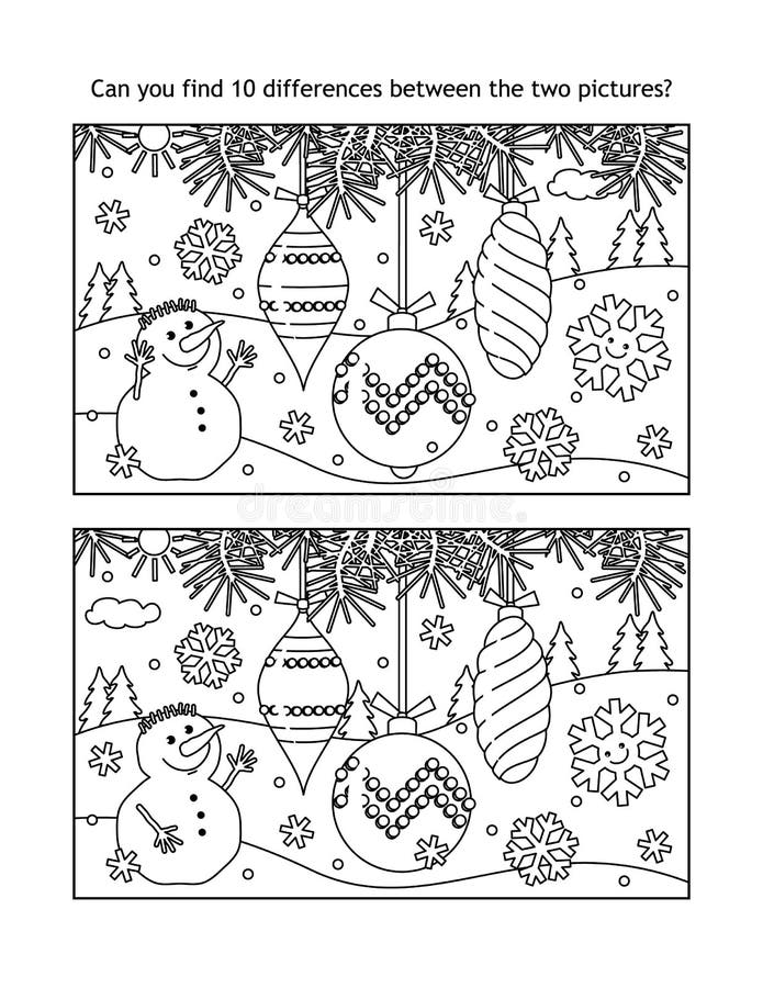 Christmas tree ornaments find the differences visual puzzle and coloring page stock vector