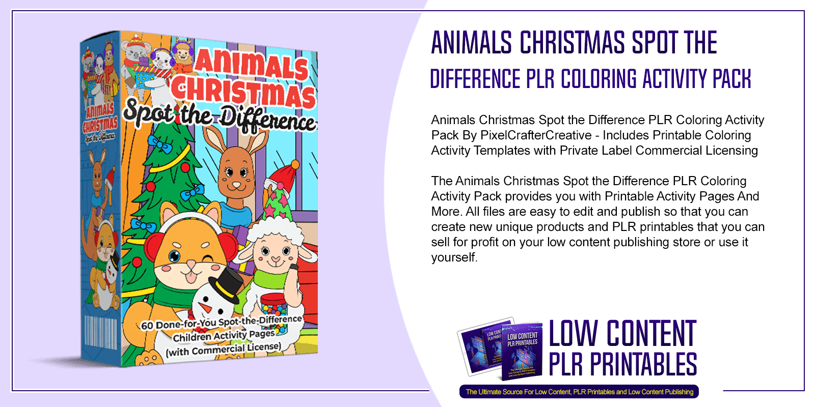 Animals christmas spot the difference plr coloring activity pack